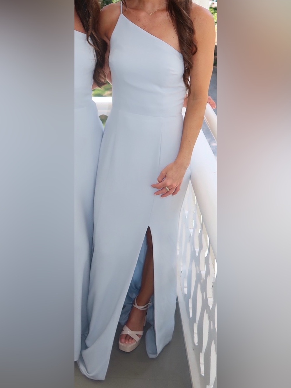 Amsale Pale Blue One-Shoulder Satin Maxi Dress with Front Slit